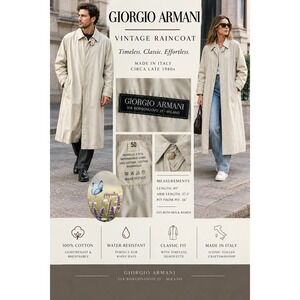 VTG Women L, Men M Giorgio Armani Vintage 80s Cotton Raincoat Trench Coat‎